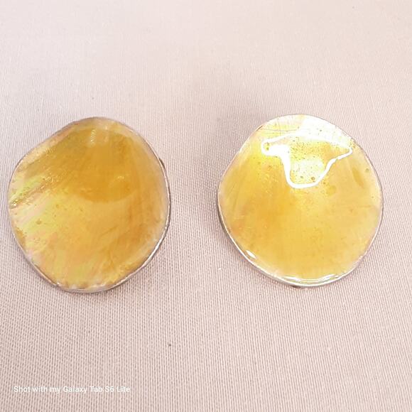 Chicos Disc Earrings Luminescent Yellow Enamel On SIlver Tone Concave Metal - Picture 1 of 8